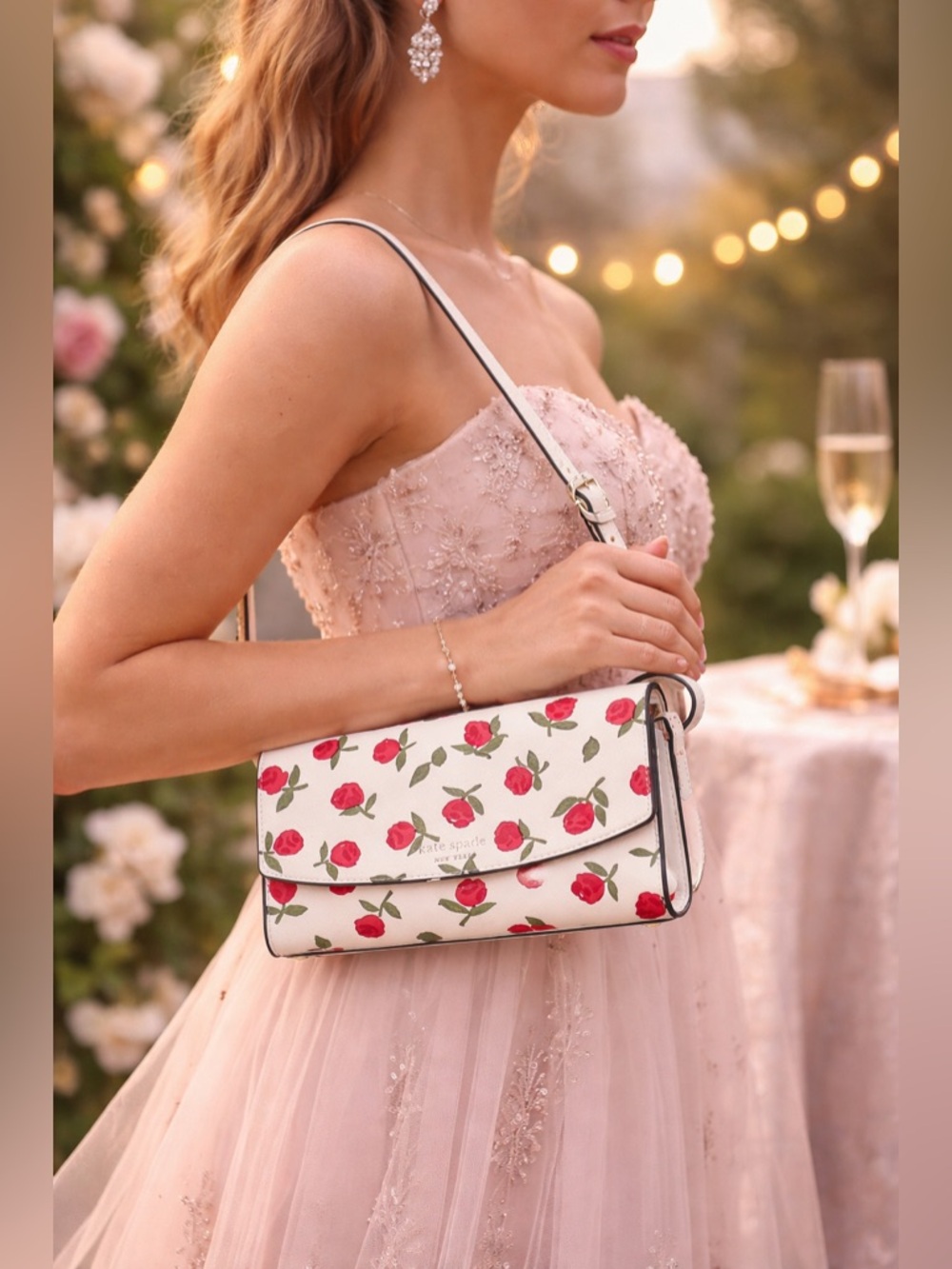 Kate Spade Dana Rose Crossbody Cream Red Floral Saffiano Leather Holiday Bag - Picture 3 of 15